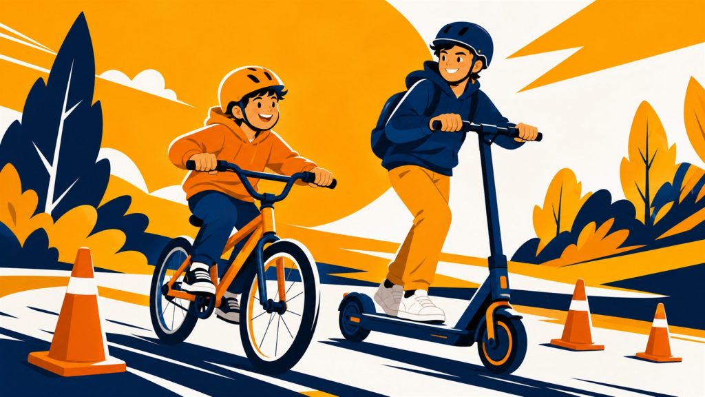 Illustration: Ein Kind auf dem Fahrrad und ein Jugendlicher auf dem E-Scooter fahren mit Helm durch einen Parcours mit Pylonen